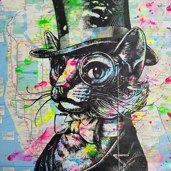 Aristocat in the City Hand-painted Acrylic CAT Artwork on a NYC Subway Map - Picture 4 of 6